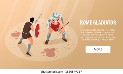 Gladiadores isométricos de roma antiguo banner horizontal con texto editable más botón y guerreros luchadores con ilustración de vectores de sangre