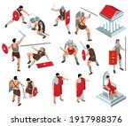 Isometric ancient rome gladiators set with isolated icons and characters of patricians and fighters with weapons vector illustration