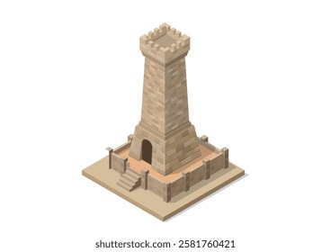 isometric ancient tower castle, element for game asset.