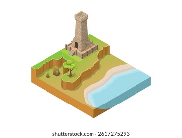 Isometric ancient tower castle on the coast