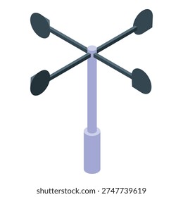 Isometric anemometer with four cups rotating, measuring wind speed and direction, meteorology equipment for weather forecasting
