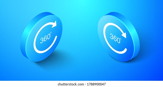 Icono de ángulo isométrico 360 grados aislado en fondo azul. Rotación de 360 grados. Símbolo matemático geométrico. Rotación completa. Botón de círculo azul. Vector.