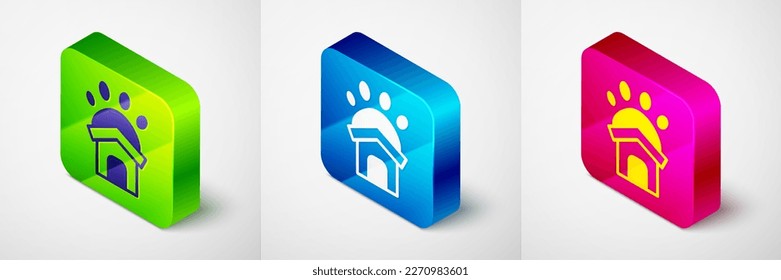 Isometric Animal shelter house icon isolated on grey background. Square button. Vector