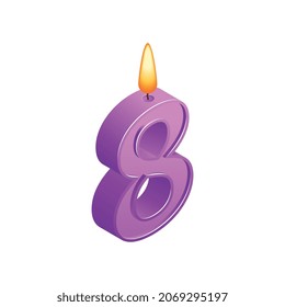 Isometric anniversary numbers composition with isolated image of candle with eight digit shape vector illustration