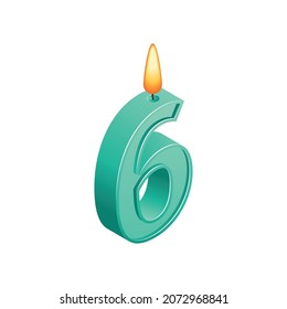 Isometric anniversary numbers composition with isolated image of candle with six digit shape vector illustration