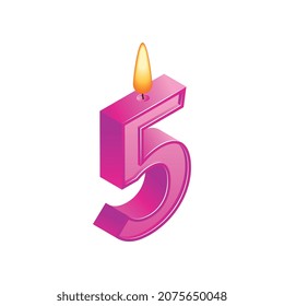 Isometric anniversary numbers composition with isolated image of candle with five digit shape vector illustration