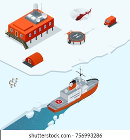 Isometric Antarctica station or polar station with buildings, meteorological research measurement tower, vehicles, helipad and icebreaker.