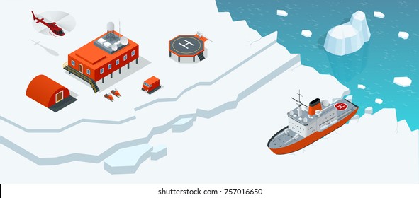 Isometric Antarctica station or polar station with buildings, meteorological research measurement tower, vehicles, helipad and icebreaker.