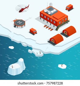 Isometric Antarctica station or polar station with buildings, meteorological research measurement tower, vehicles, helipad.