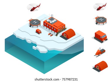 Isometric Antarctica station or polar station with buildings, meteorological research measurement tower, vehicles, helipad.