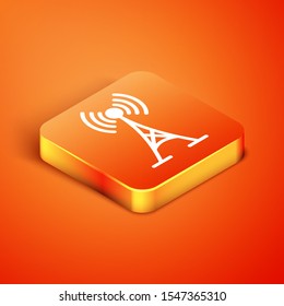 Isometric Antenna icon isolated on orange background. Radio antenna wireless. Technology and network signal radio antenna.  Vector Illustration