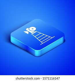 Isometric Antenna icon isolated on blue background. Radio antenna wireless. Technology and network signal radio antenna. Blue square button. Vector Illustration