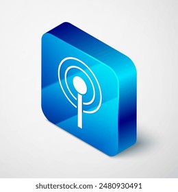 Isometric Antenna icon isolated on grey background. Radio antenna wireless. Technology and network signal radio antenna. Blue square button. Vector