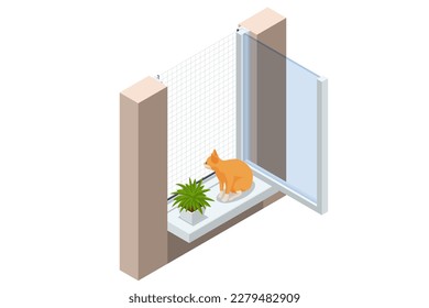 Isometric Anti-cat mesh. Cat proof window screens, your pet cat's safety when the windows are open. svg