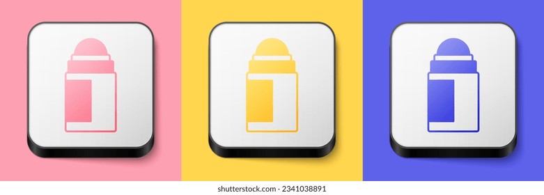 Isometric Antiperspirant deodorant roll icon isolated on pink, yellow and blue background. Cosmetic for body hygiene. Square button. Vector
