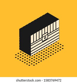 Isometric Antique treasure chest icon isolated on yellow background. Vintage wooden chest with golden coin.  Vector Illustration
