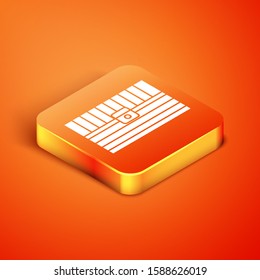 Isometric Antique treasure chest icon isolated on orange background. Vintage wooden chest with golden coin.  Vector Illustration