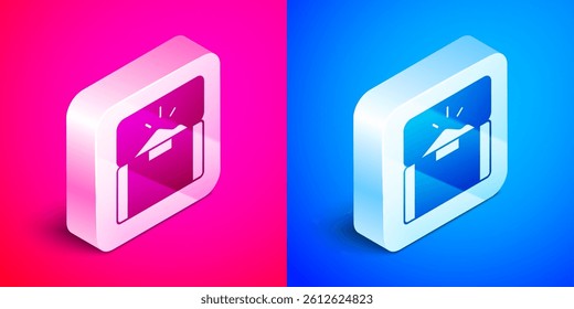 Isometric Antique treasure chest icon isolated on pink and blue background. Vintage wooden chest with golden coin. Silver square button. Vector