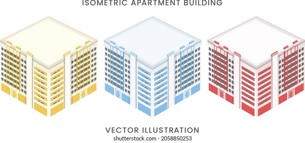 Isometric Apartment Building Exteriors. Vector Illustration Isolated On White Background