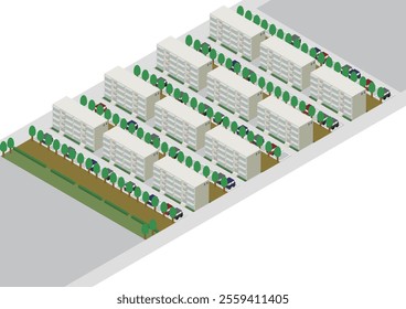 Isometric apartment complex with parking lot