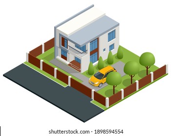 Isometric Apartment house. Building, cottage, villa. Modern cozy house in chalet style with garage for sale or rent with large garden and lawn.