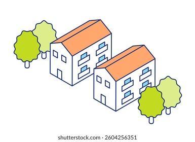 Isometric apartment, illustration of two two-story houses side by side.