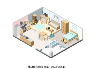 Isometric apartment isolated on white background. Kitchen, bedroom, living room and bathroom interior objects. Isometric furniture set.