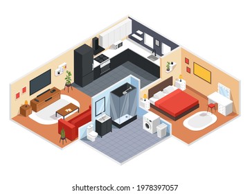 Isometric apartment. Modern apartment interior design with bedroom, living room, kitchen, bathroom. 3d vector home interior layout. Comfortable furniture as bed, sofa, fridge and television