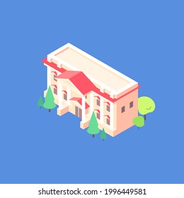 Isometric apartment old colonial building flat illustration. City hall yard with trees around