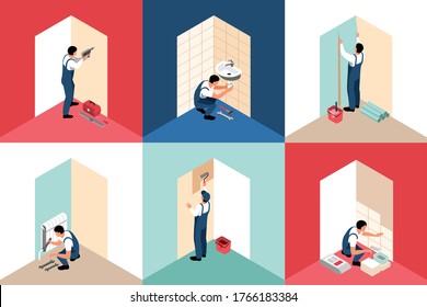 Isometric apartment repair design concept 3x2 set of square compositions with builders and finishers human characters vector illustration