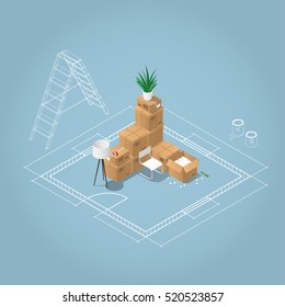 Isometric apartment room renovation concept illustration. Blueprint plan of room with ladder and paint in jars and the bunch of cardboard boxes, home stuffs: lamp, chair, houseplant, tape, open box.