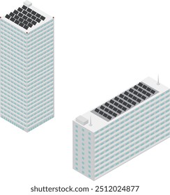 Isometric apartment tower or condominium with solar panels on the roof