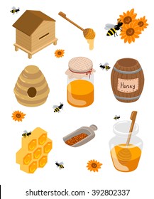 Isometric apiary set. Apiary vector illustration Honey bank vector illustrations Bee, honey, honey bank, honeycomb. Flowers, wax