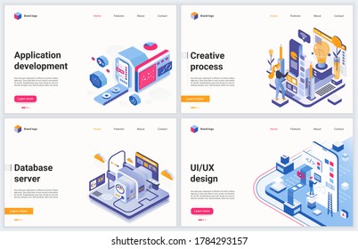 Isometric app development technology vector illustration. Creative modern concept banner set, website design with cartoon 3d developing software tech products, test optimization application services