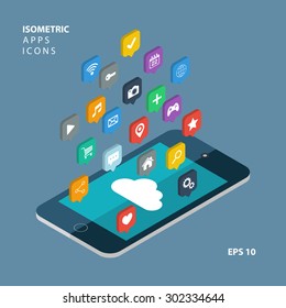 Isometric app icons concept. Cloud computing.