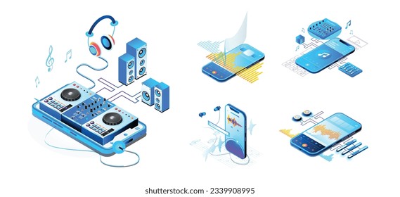 Isometric APP, Mobile Music App vector illustration