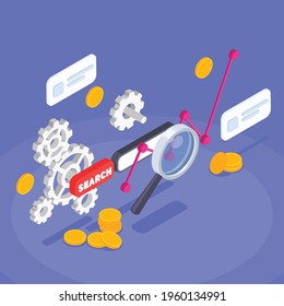Isometric app optimization colorful concept with search bar magnifying glass money graph on blue background 3d vector illustration