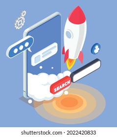 Isometric app store optimization concept with smartphone rocket search bar on blue background 3d vector illustration