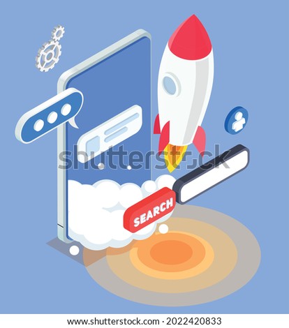 Isometric app store optimization concept with smartphone rocket search bar on blue background 3d vector illustration