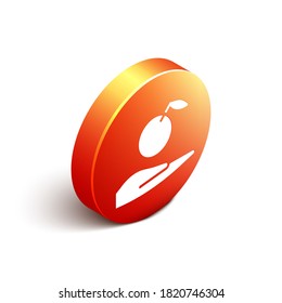 Isometric Apple in hand icon isolated on white background. Fruit with leaf symbol. Orange circle button. Vector Illustration