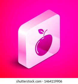 Isometric Apple icon isolated on pink background. Fruit with leaf symbol. Silver square button. Vector Illustration