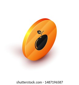 Isometric Apple icon isolated on white background. Fruit with leaf symbol. Orange circle button. Vector Illustration