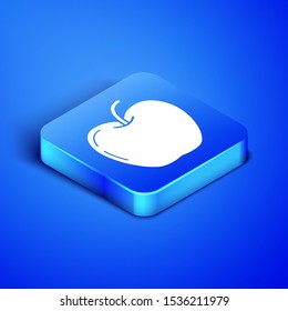 Isometric Apple icon isolated on blue background. Fruit with leaf symbol. Blue square button. Vector Illustration