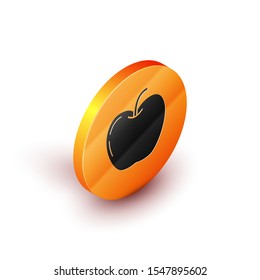 Isometric Apple icon isolated on white background. Fruit with leaf symbol. Orange circle button. Vector Illustration