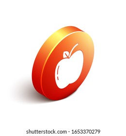 Isometric Apple icon isolated on white background. Fruit with leaf symbol. Orange circle button. Vector Illustration