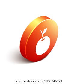 Isometric Apple icon isolated on white background. Fruit with leaf symbol. Orange circle button. Vector Illustration