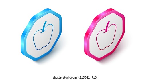 Isometric Apple icon isolated on white background. Excess weight. Healthy diet menu. Fitness diet apple. Hexagon button. Vector