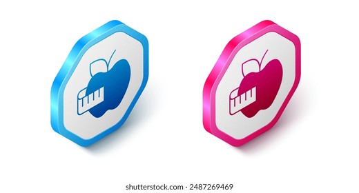 Isometric Apple and measuring tape icon isolated on white background. Excess weight. Healthy diet menu. Fitness diet apple. Hexagon button. Vector