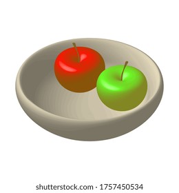 Isometric apples in a plate. Green and red apple in a brown bowl. Room interior element. Indoor furniture. Vector EPS10.