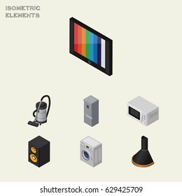 Isometric Appliance Set Of Air Extractor, Kitchen Fridge, Vac And Other Vector Objects. Also Includes Television, Loudspeaker, Box Elements.